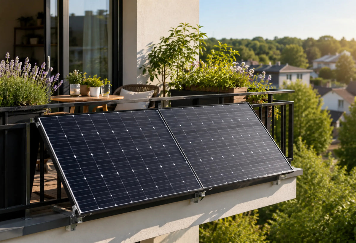 Balkonkraftwerk mit zwei Solarmodulen am Balkongeländer einer modernen Wohnung bei sonnigem Wetter – Beispiel für die erlaubte Leistung von Balkonkraftwerken in Deutschland