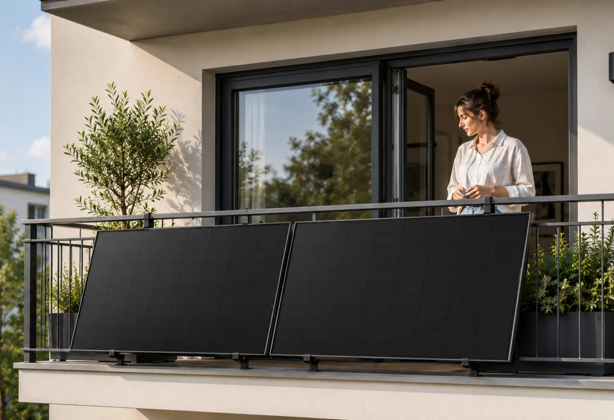 Frau auf modernem Balkon mit zwei schwarzen Solarmodulen am Geländer und grünen Pflanzen.