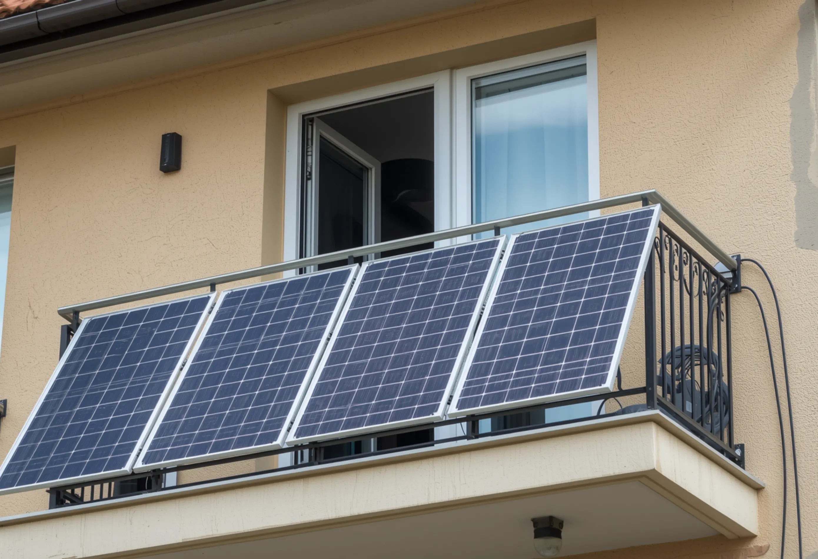 4 Solarmodule an einem Balkongeländer befestigt, stabil montiertes Balkonkraftwerk auf einem Wohnungsbalkon zur Nutzung von Solarstrom.