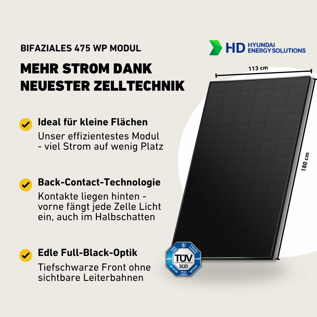Bauer Solar 465 Wp Solarmodul Leistung Produktbild mit Produkteigenschaften auf weißem Hintergrund