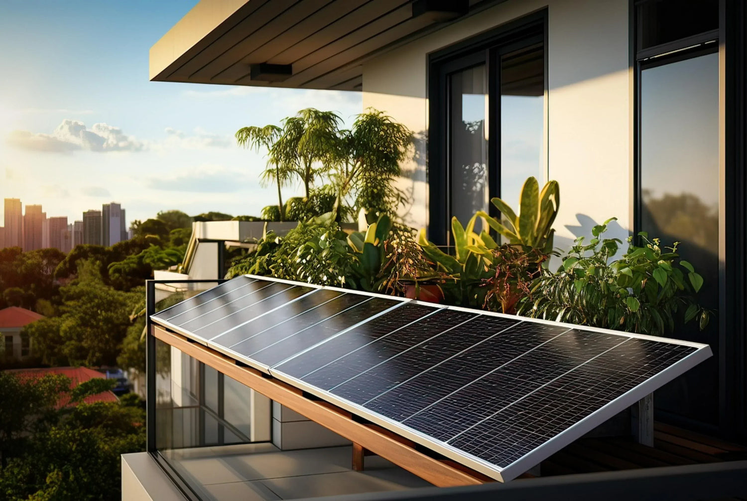 Balkonkraftwerk mit Solarpanelen auf einem Balkon, das erneuerbare Energie produziert