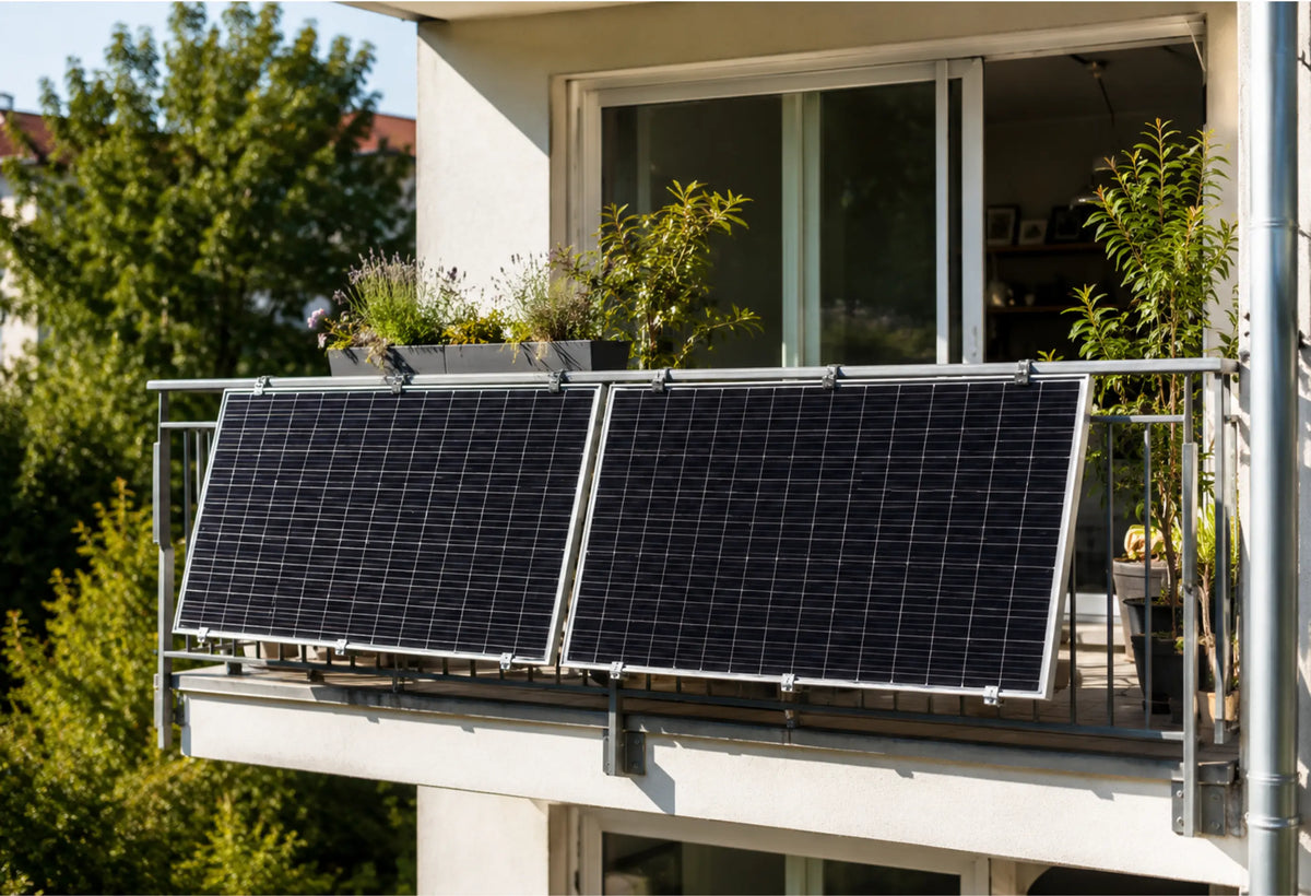 Balkonkraftwerk mit zwei Solarmodulen am Balkon eines modernen Wohnhauses, sonnige Außenaufnahme mit Pflanzen und nachhaltiger Stromerzeugung.
