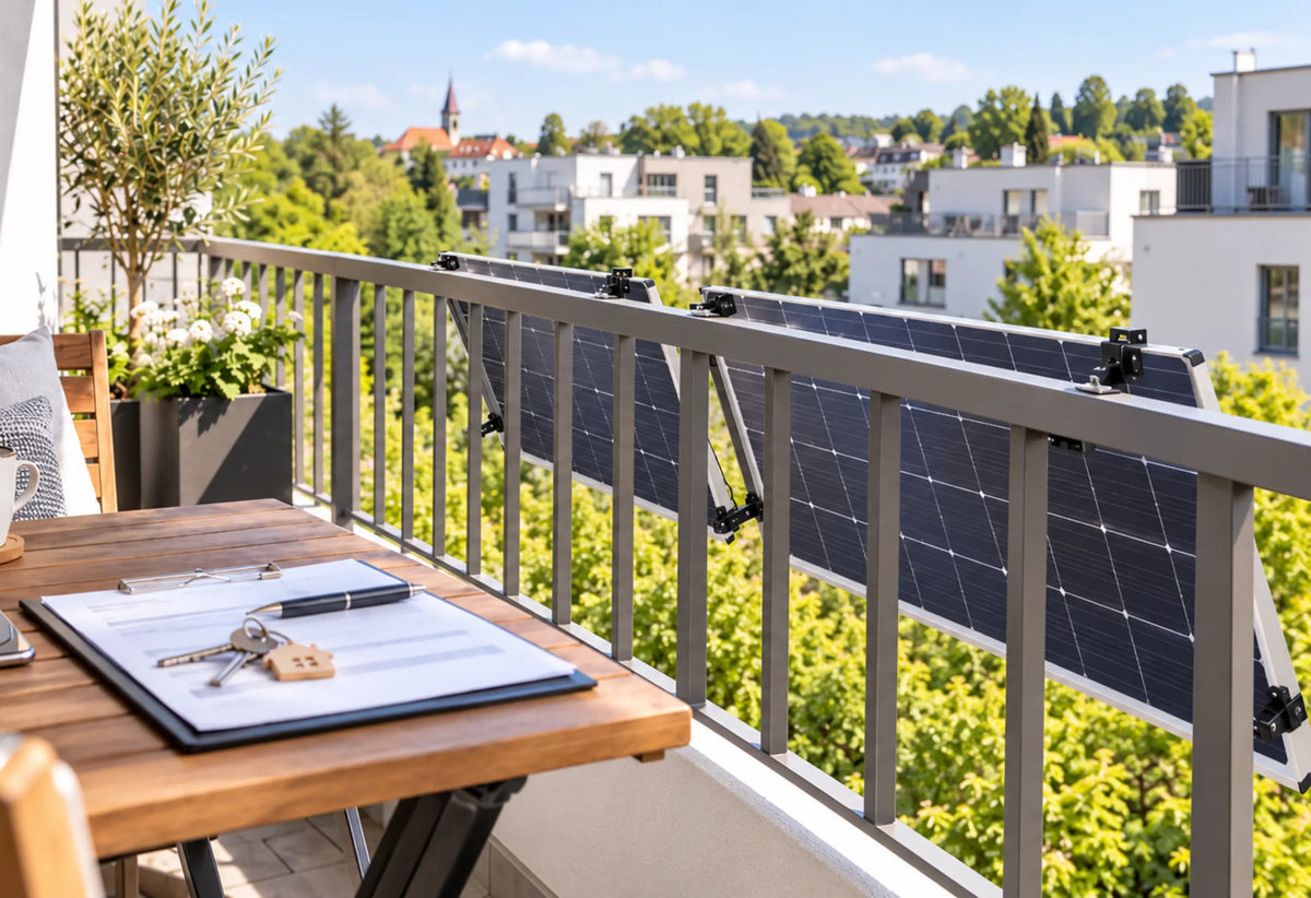 Sonniger Balkon mit außen am Geländer montierten Solarpanels, Holztisch mit Unterlagen und Schlüsseln – Symbolbild für ein versichertes Balkonkraftwerk in der Mietwohnung.
