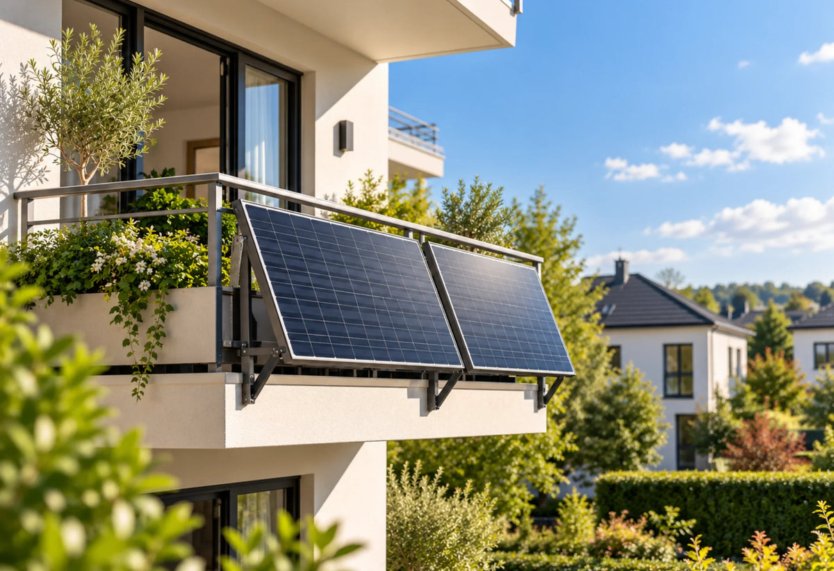 Modernes Wohnhaus mit Balkon, an dessen Außenseite zwei Solarmodule zur Sonne hin montiert sind. Sonnige Tageslichtaufnahme mit Garten und weiterer Wohnbebauung im Hintergrund.