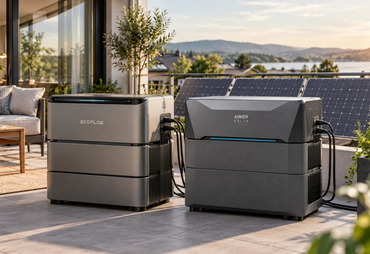 Zwei moderne Balkonkraftwerk-Speicher von EcoFlow und Anker SOLIX stehen auf einer sonnigen Terrasse vor Solarmodulen und einem Wohnhaus im Hintergrund.