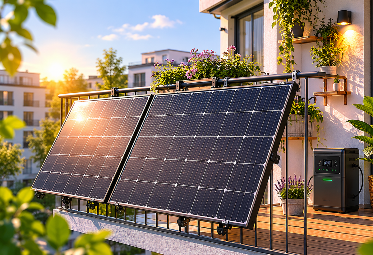 Balkonkraftwerk mit Solarpanels am Balkongeländer und Speicher auf einem sonnigen Balkon.