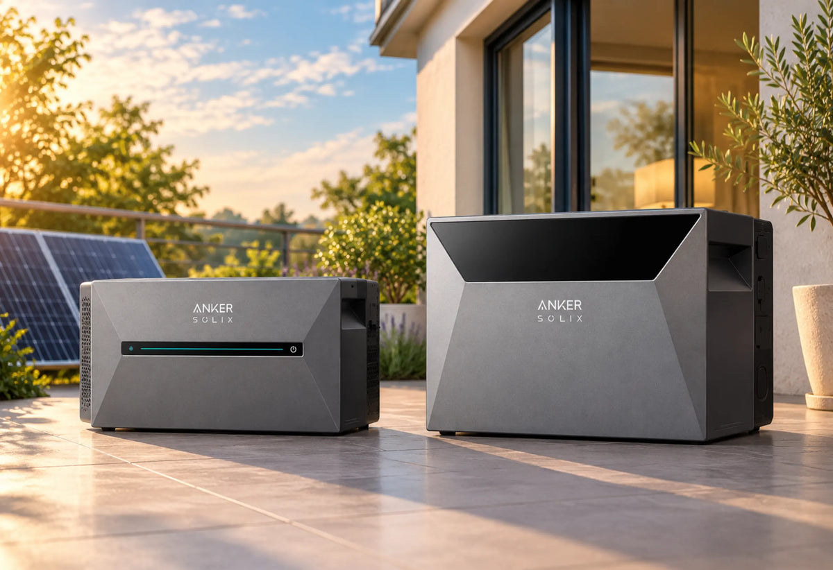 Zwei unterschiedlich große graue Heimspeicher von Anker SOLIX stehen nebeneinander auf einer hellen Terrasse vor einer modernen Hauswand; links das kompaktere Modell Solarbank 3 Pro, rechts das größere Solarbank 4 Pro.