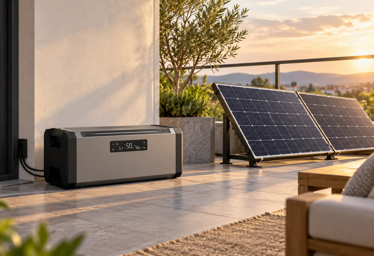 Moderner Balkonkraftwerk-Speicher auf einer Terrasse bei Sonnenuntergang, links vor einer Hauswand aufgestellt und per Kabel angeschlossen; rechts daneben zwei Solarmodule, im Hintergrund Pflanzen und warme Abendstimmung.