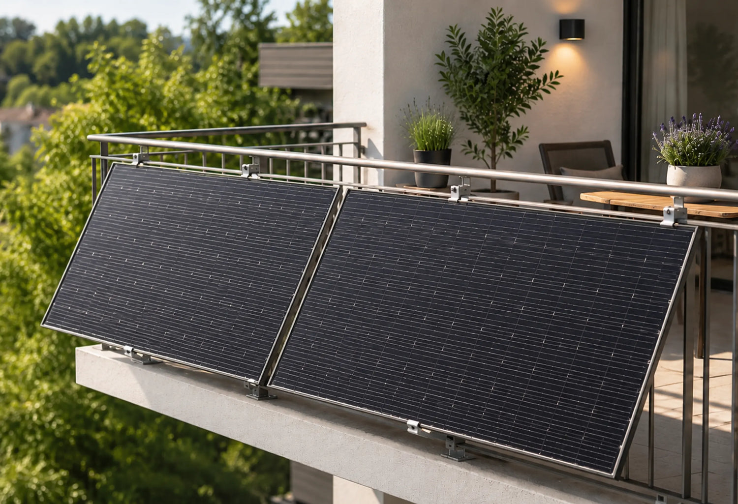 Balkonkraftwerk mit zwei leicht geneigten Solarmodulen an einem modernen Balkon mit Pflanzen und Sitzbereich.