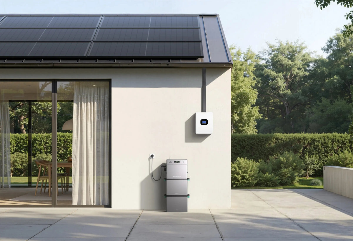 Wohnhaus mit installierten Solarmodulen auf dem Dach und einem Balkonkraftwerk-Speicher, der im Bereich vor der offenen Küchentür steht.