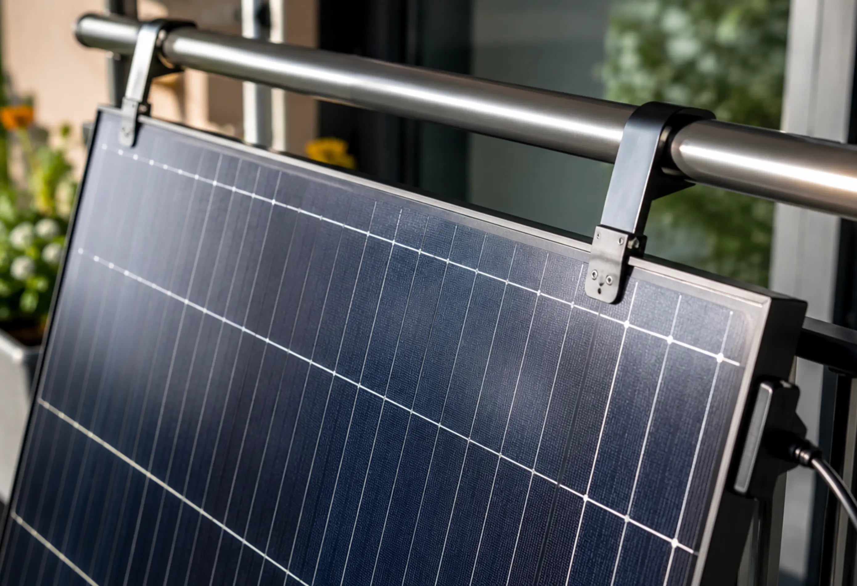 Nahaufnahme eines Balkonkraftwerks mit Solarmodul, das mit Metallhalterungen am Balkongeländer befestigt ist.