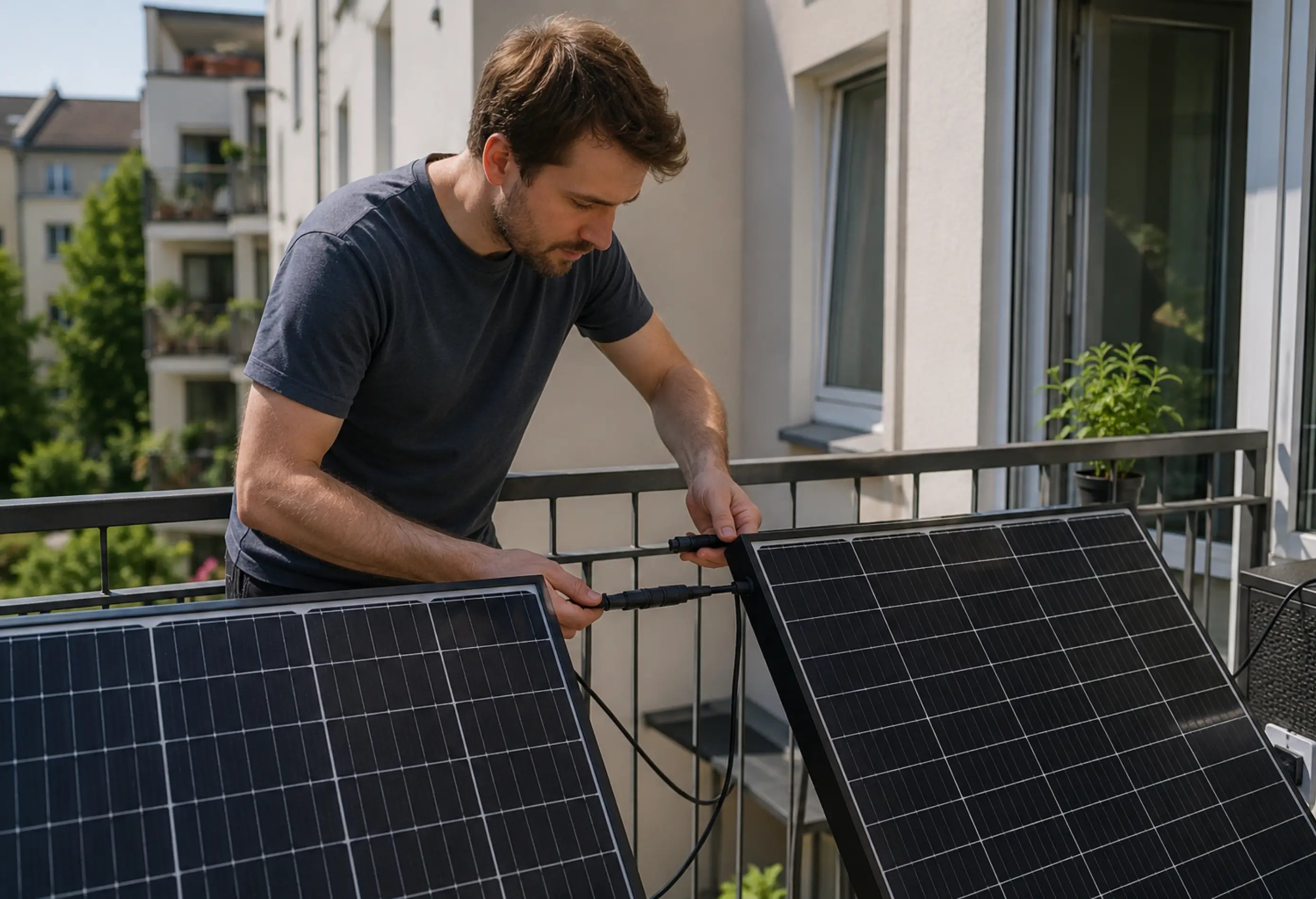 Ein Mann steht auf einem Balkon eines Wohnhauses und verbindet zwei tragbare Solarpanels miteinander. Er hält ein Kabel in den Händen und konzentriert sich auf die Installation. Im Hintergrund sind Wohngebäude und Grünflächen zu sehen.
