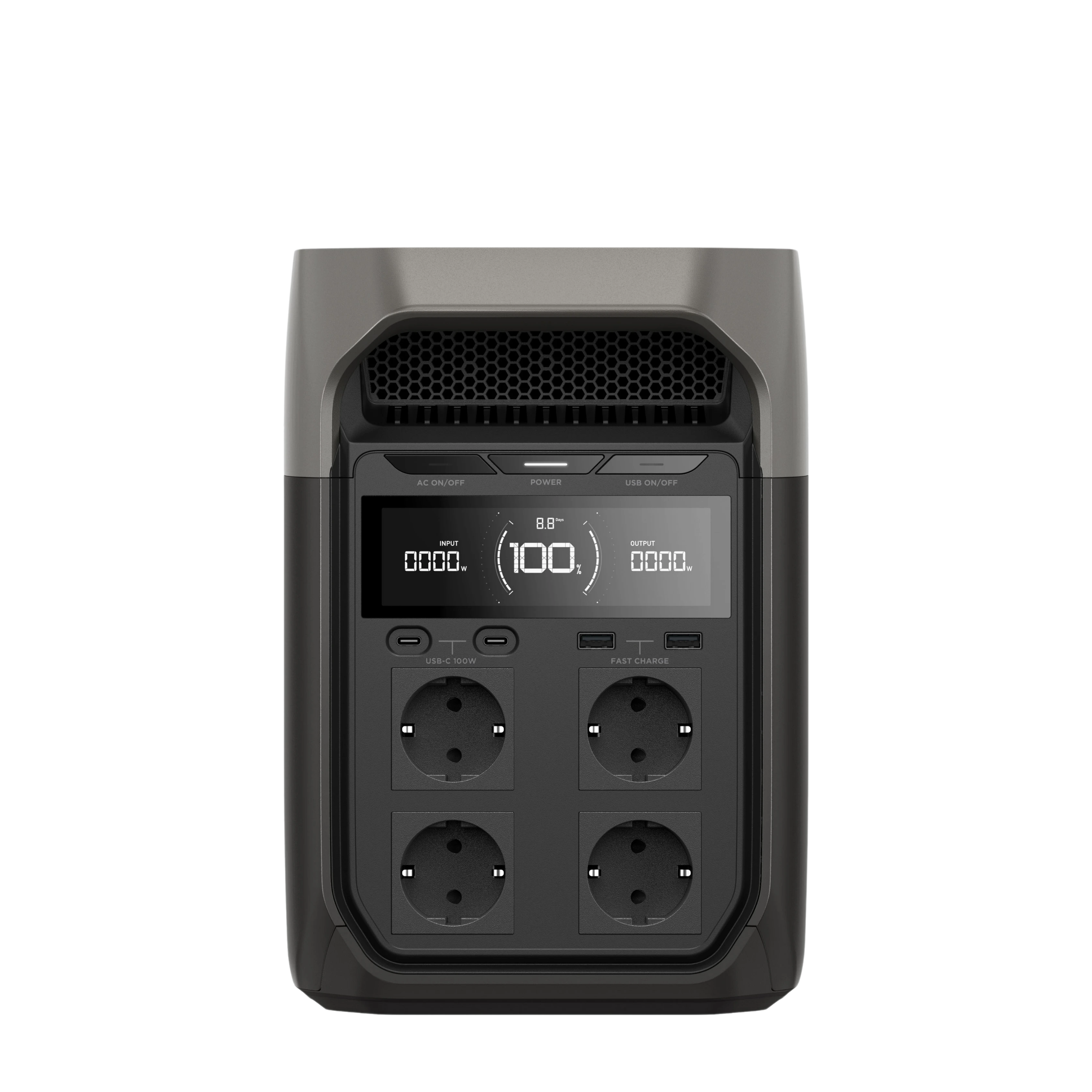 Seitenansicht der EcoFlow DELTA 3 mit sichtbaren Anschlüssen und Display
