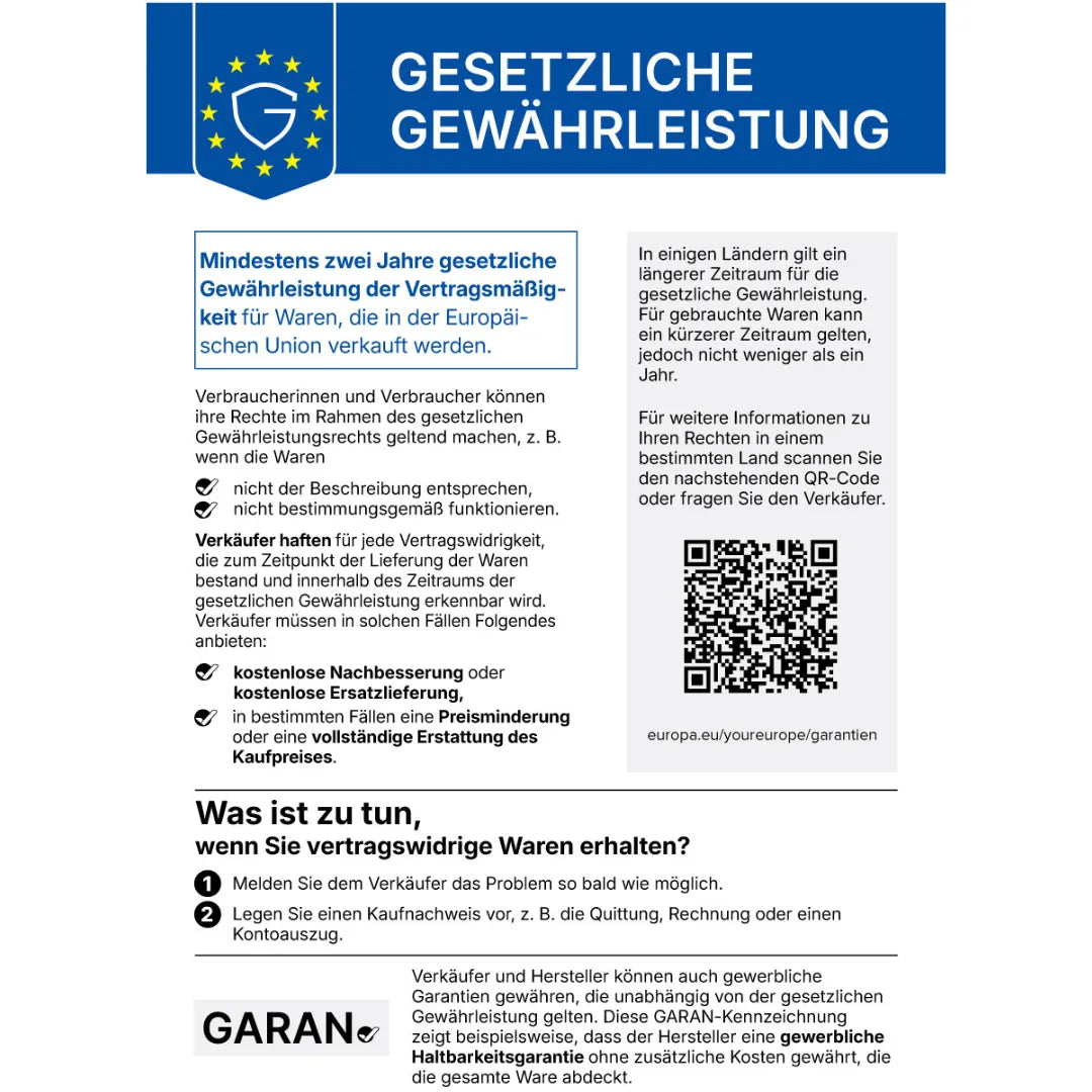 EU-Hinweis zur gesetzlichen Gewährleistung: mindestens zwei Jahre gesetzliche Gewährleistung für Waren, die in der EU verkauft werden