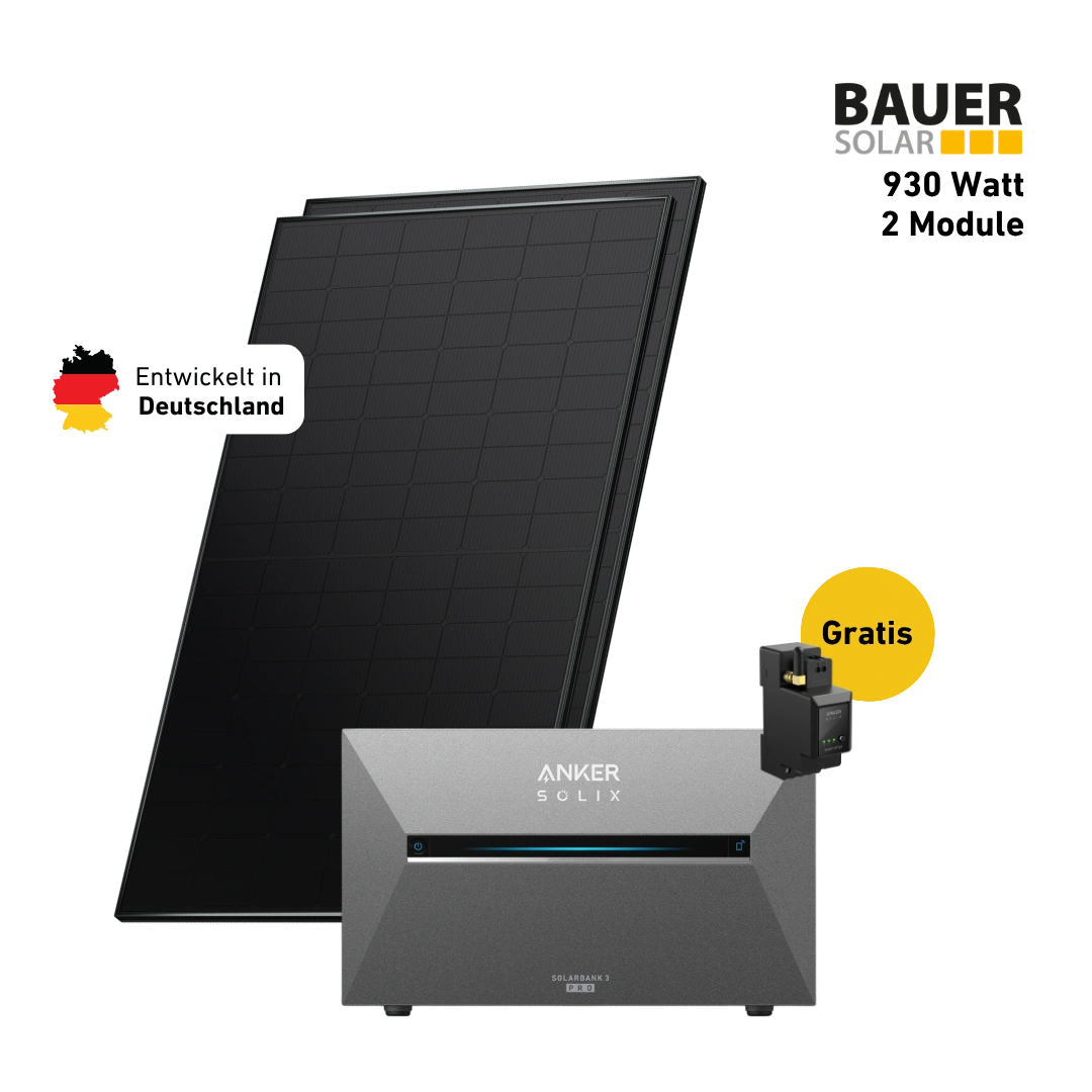 Premium Balkonkraftwerk Set mit 2 fullblack Solarmodulen, Anker Solix Stromspeiche, Anker Smart Meter und Sehr gut label