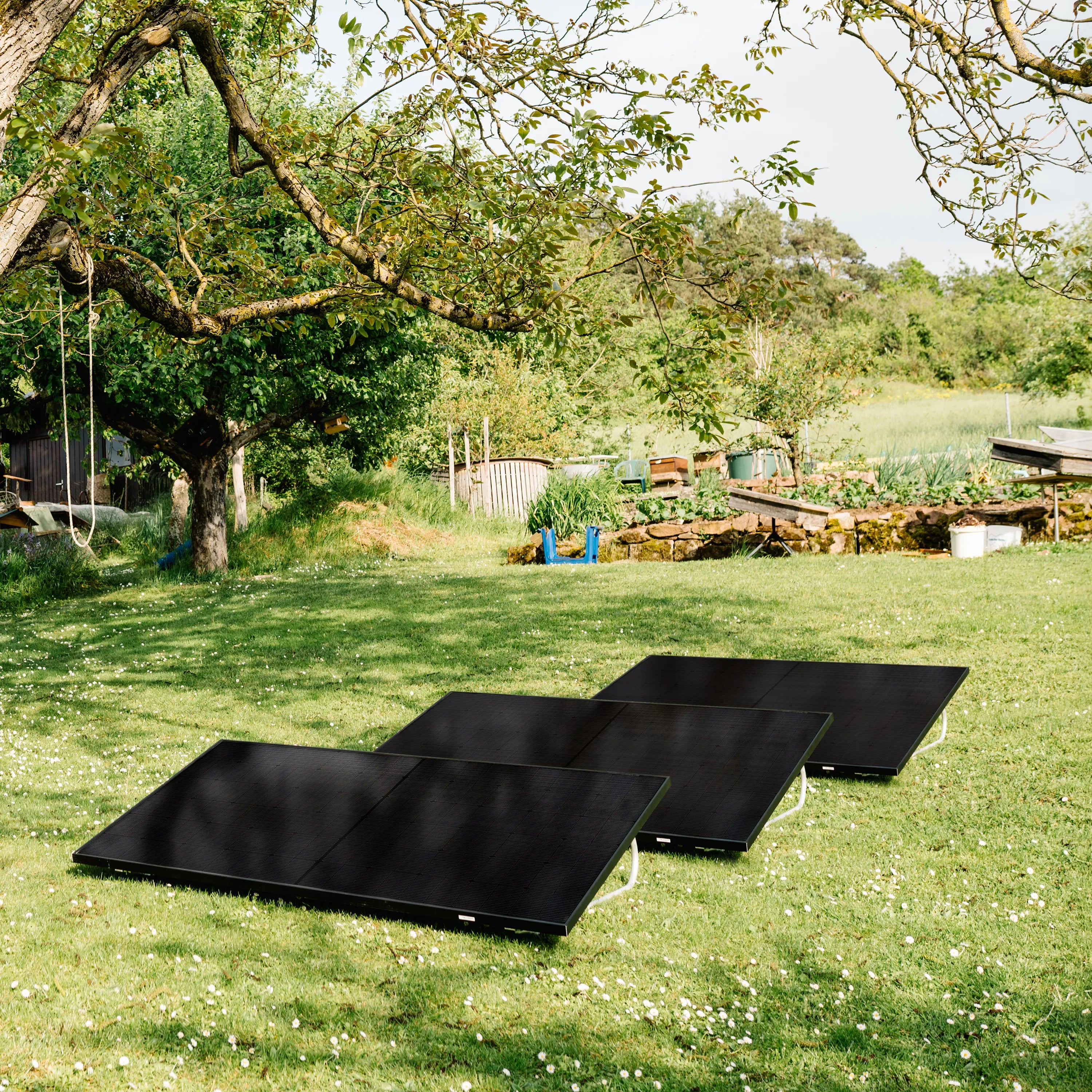 3 schwarze Solarmodule, die in einem Garten auf einer grünen Wiese aufgestellt sind 