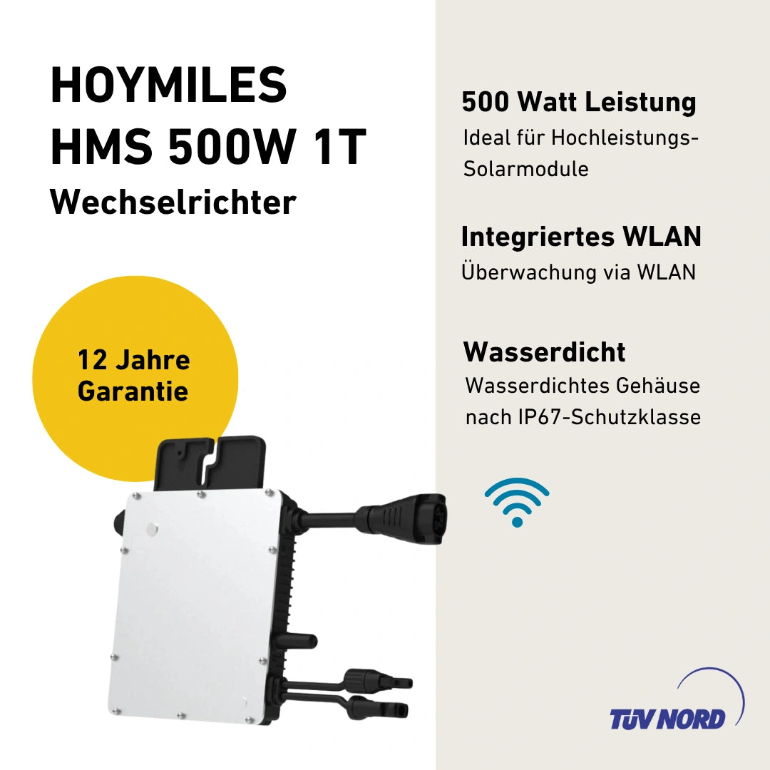Hoymiles HMS-500 Mikrowechselrichter Produktbild Darstellung mit Produkteigenschaften
