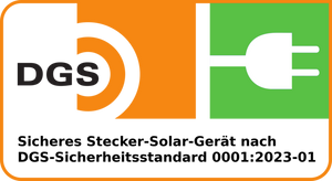 DGS Logo mit Schriftzug "Sicheres Stecker-Solar-Gerät nach DGS-Sicherheitsstandard"