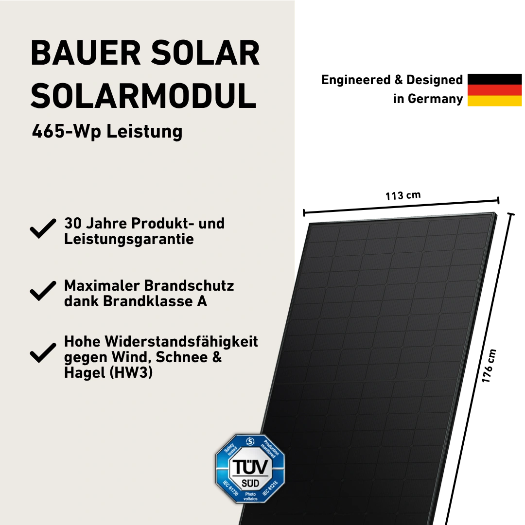 Bauer Solar 465 Wp Solarmodul Leistung Produktbild mit Produkteigenschaften auf weißem Hintergrund